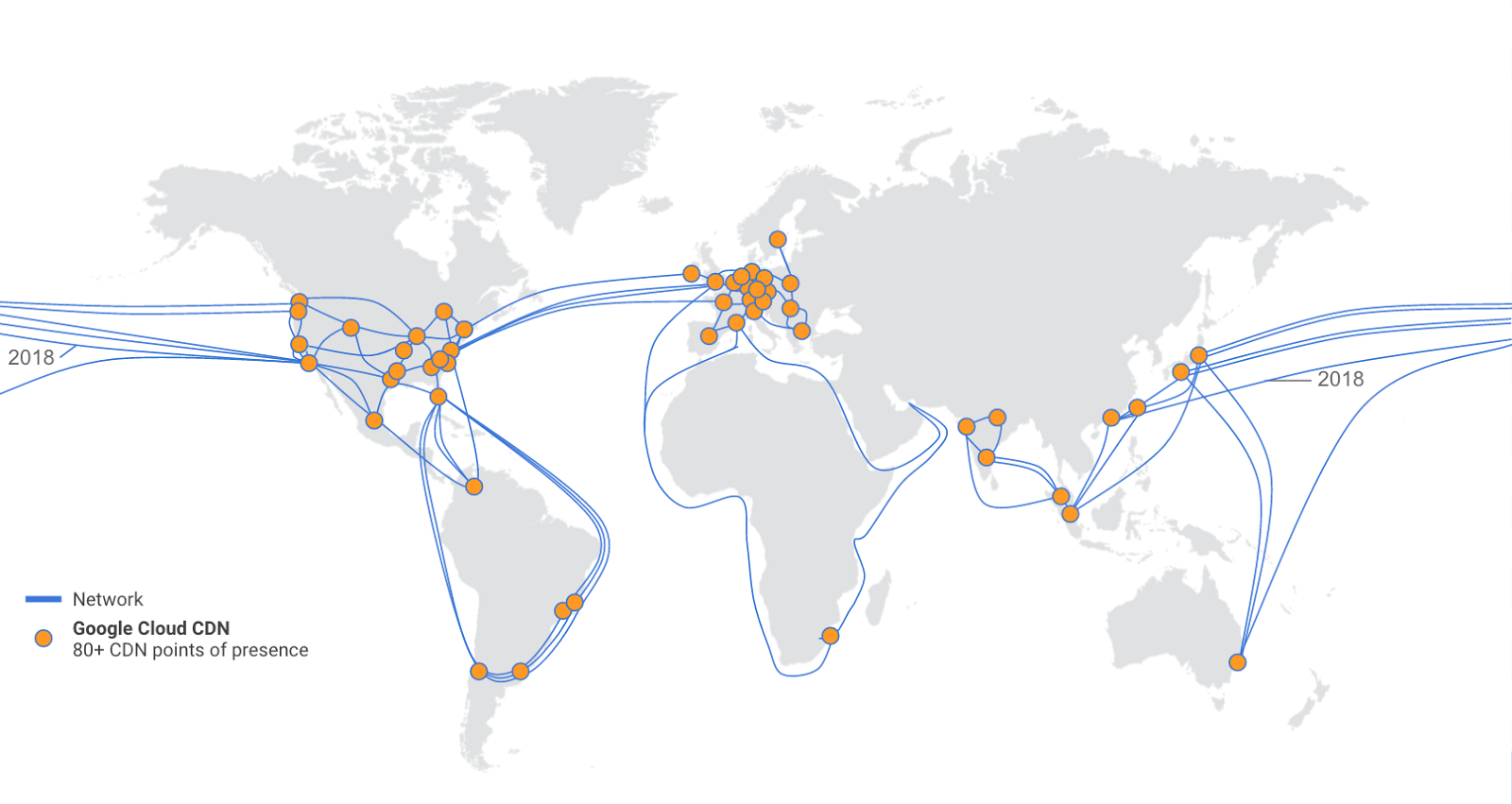 Google Cloud CDN image displaying over 80 CDN points of presence on the world map