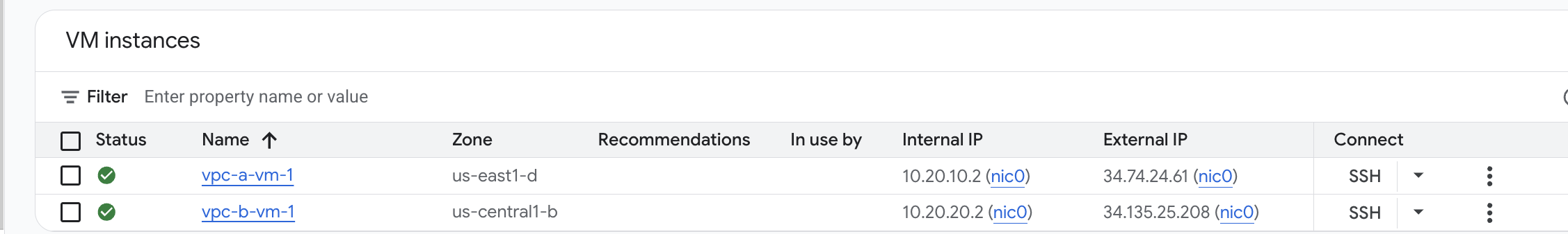 IP address of vpc-b-vm-1 highlighted on the VM Instances page