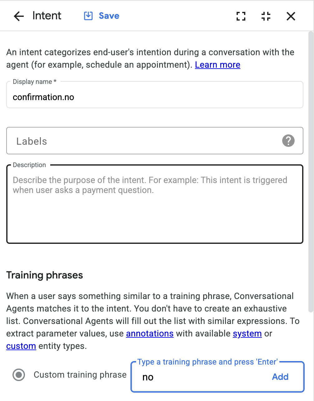 Training phrases section with no highlighted