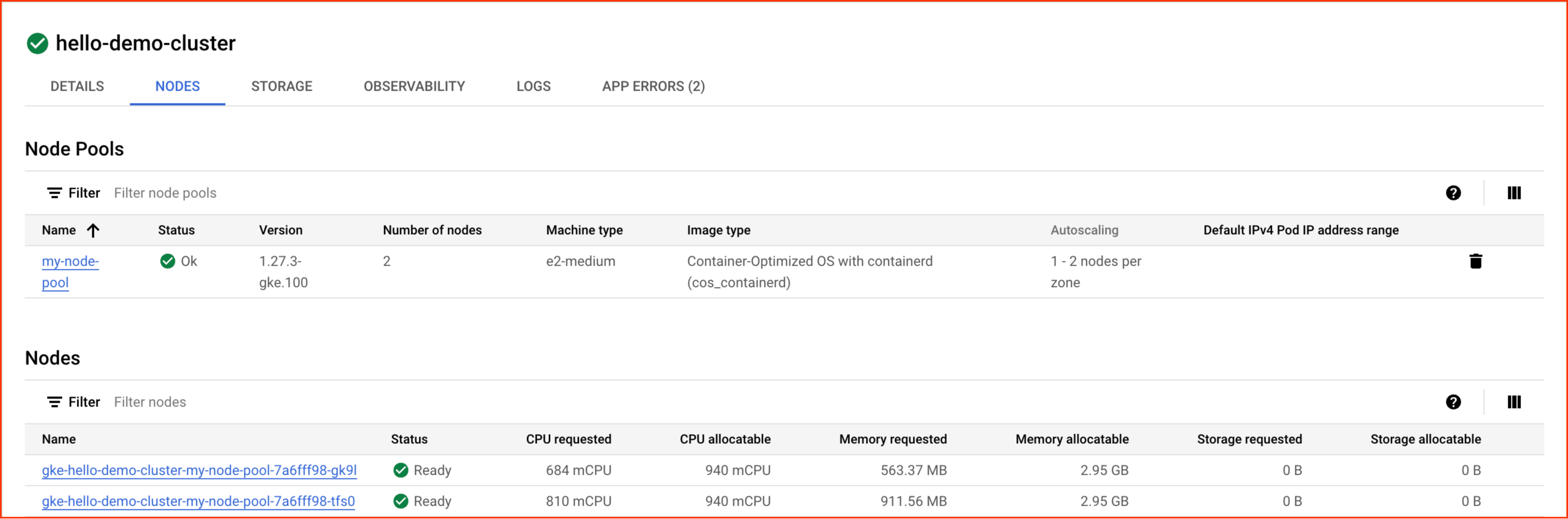 The Nodes tab highlighted within the hello-demo-cluster.