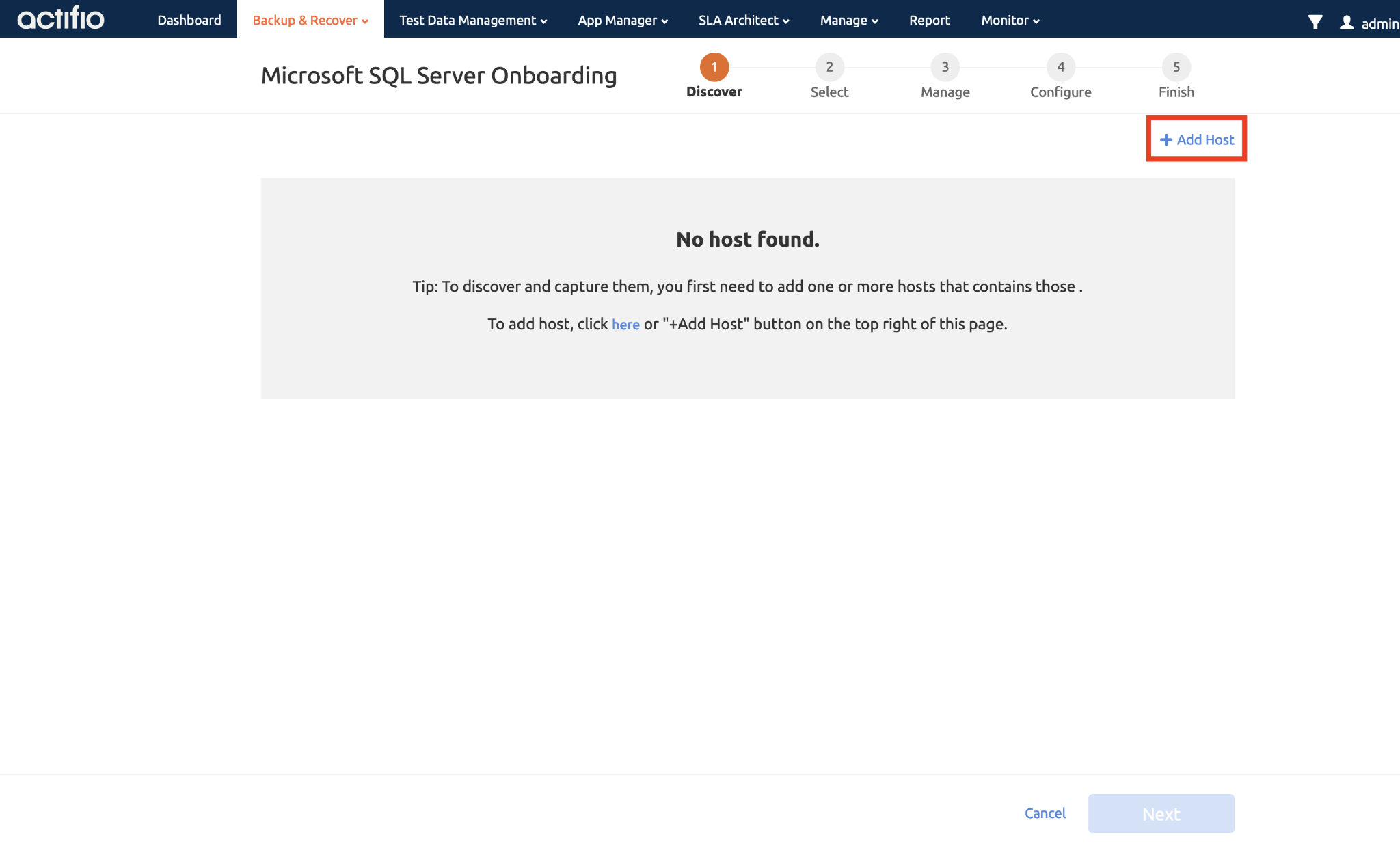 The Backup and Recover tabbed page displaying step 1 Discover, with the Add Host button highlighted.