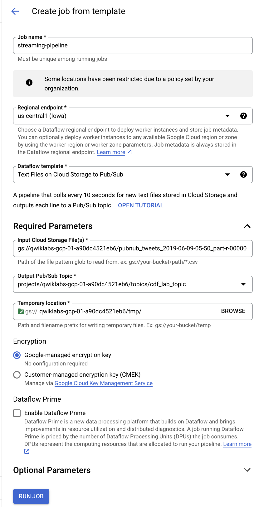 Create job from template dialog