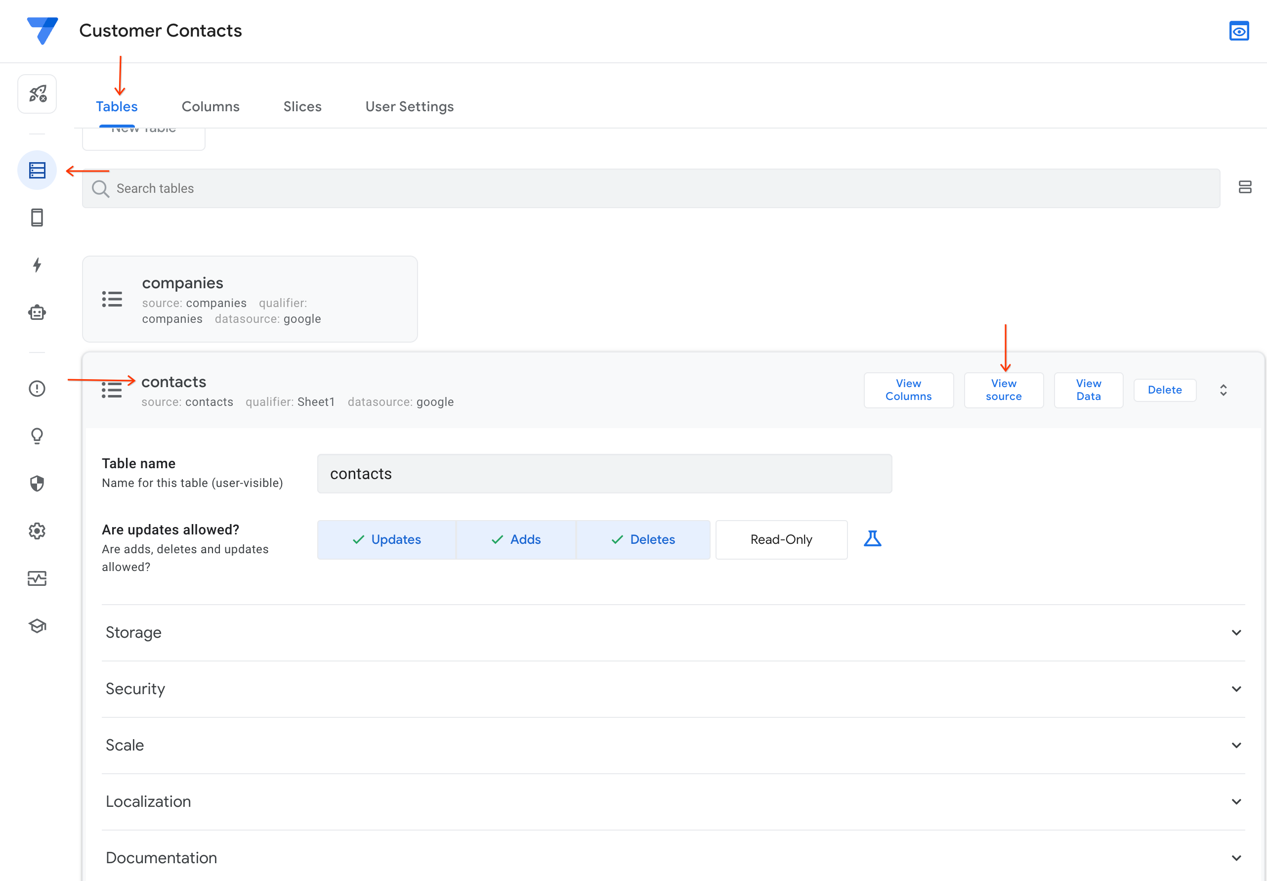 The Tables tabbed page, with the Data category selected and the contacts field and View Source button.