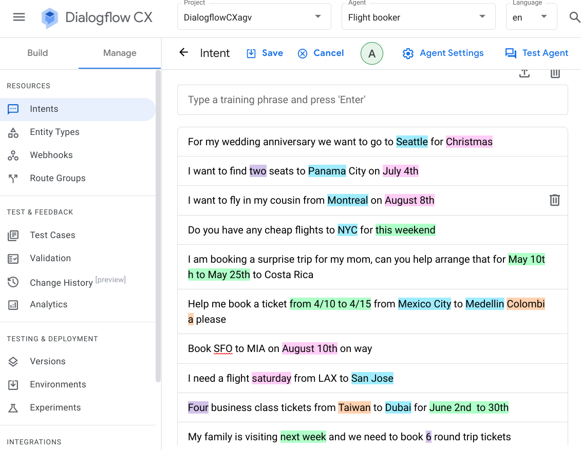 Intents page displaying highlighted dates, places, and numbers