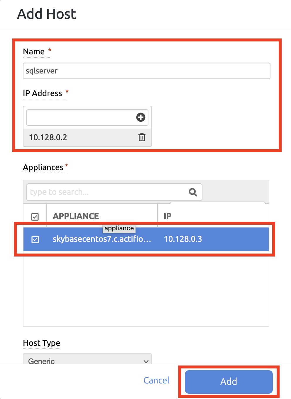 The Add Host dialog box, with the name and IP address highlighted, as well as the Add button.