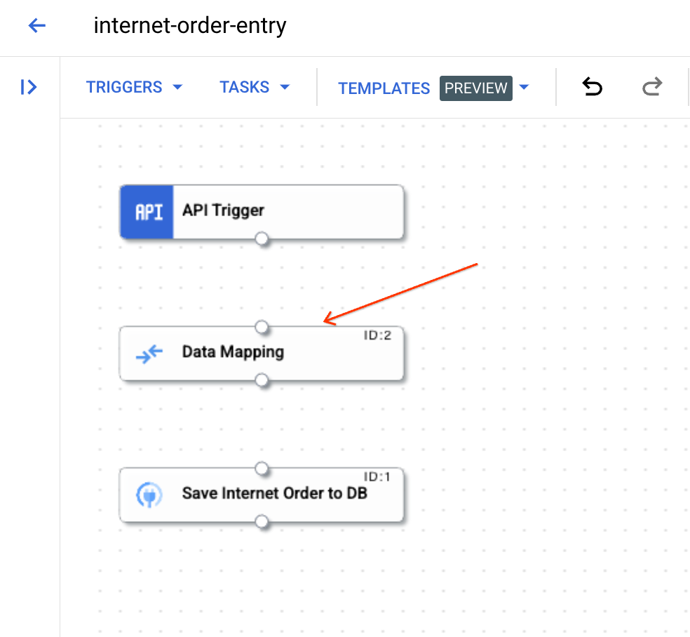 Data Mapping block between API Trigger and Save Internet Order to DB blocks