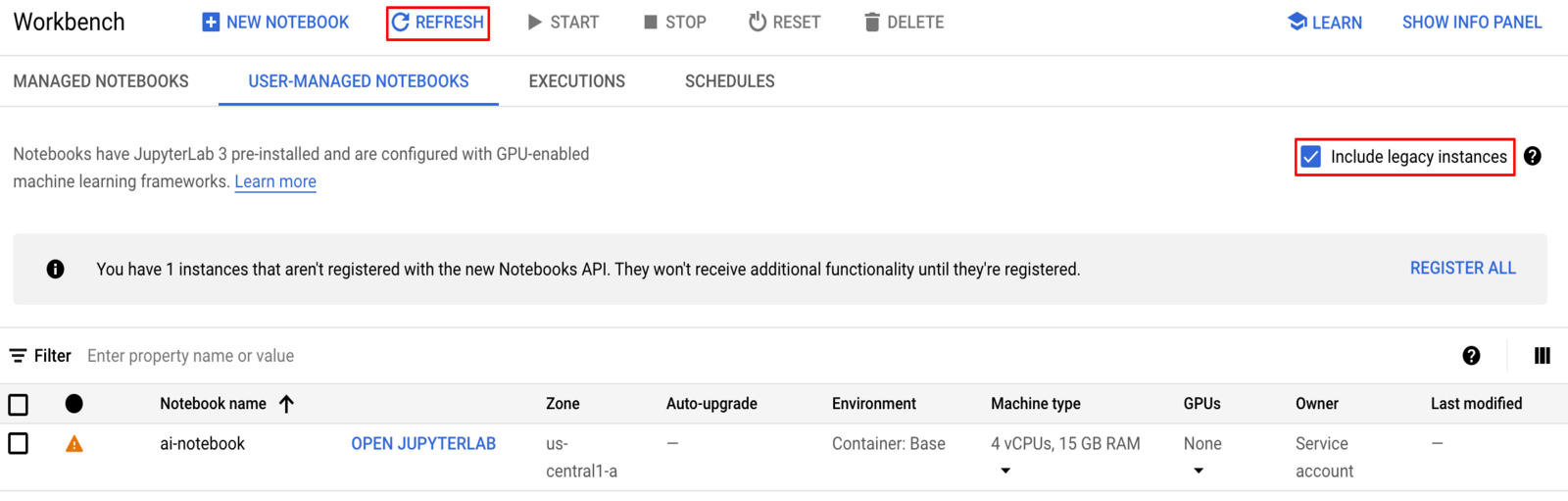 The Workbench page, wherein the Refresh button is highlighted, along with the option Include legacy instance, which is enabled.