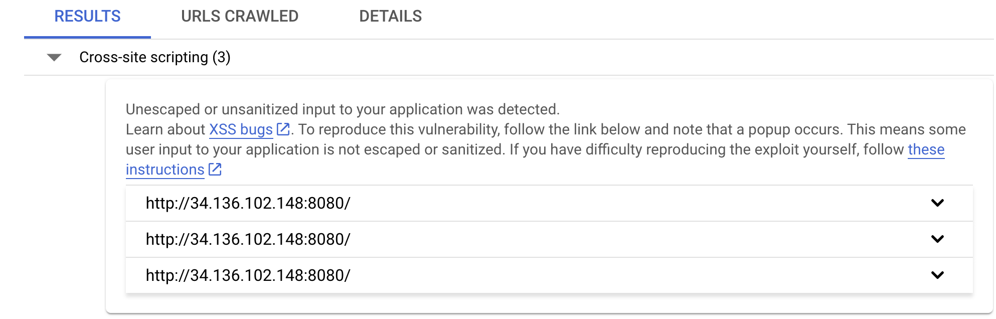 Web Security Scanner results with vulnerabilities