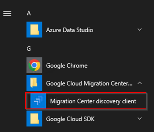 The Migration Center Collector highlighted in the Start menu.