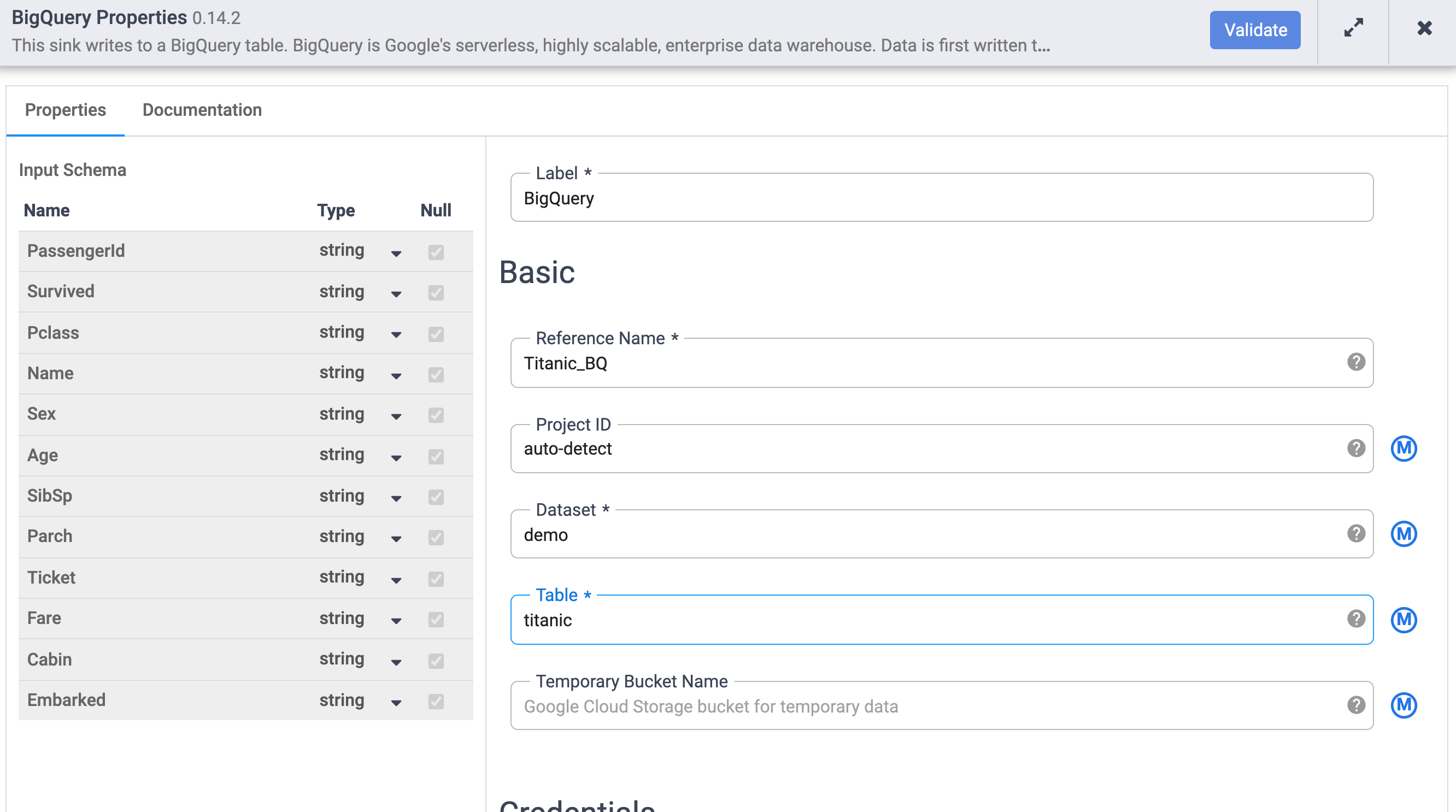 BigQuery properties configuration