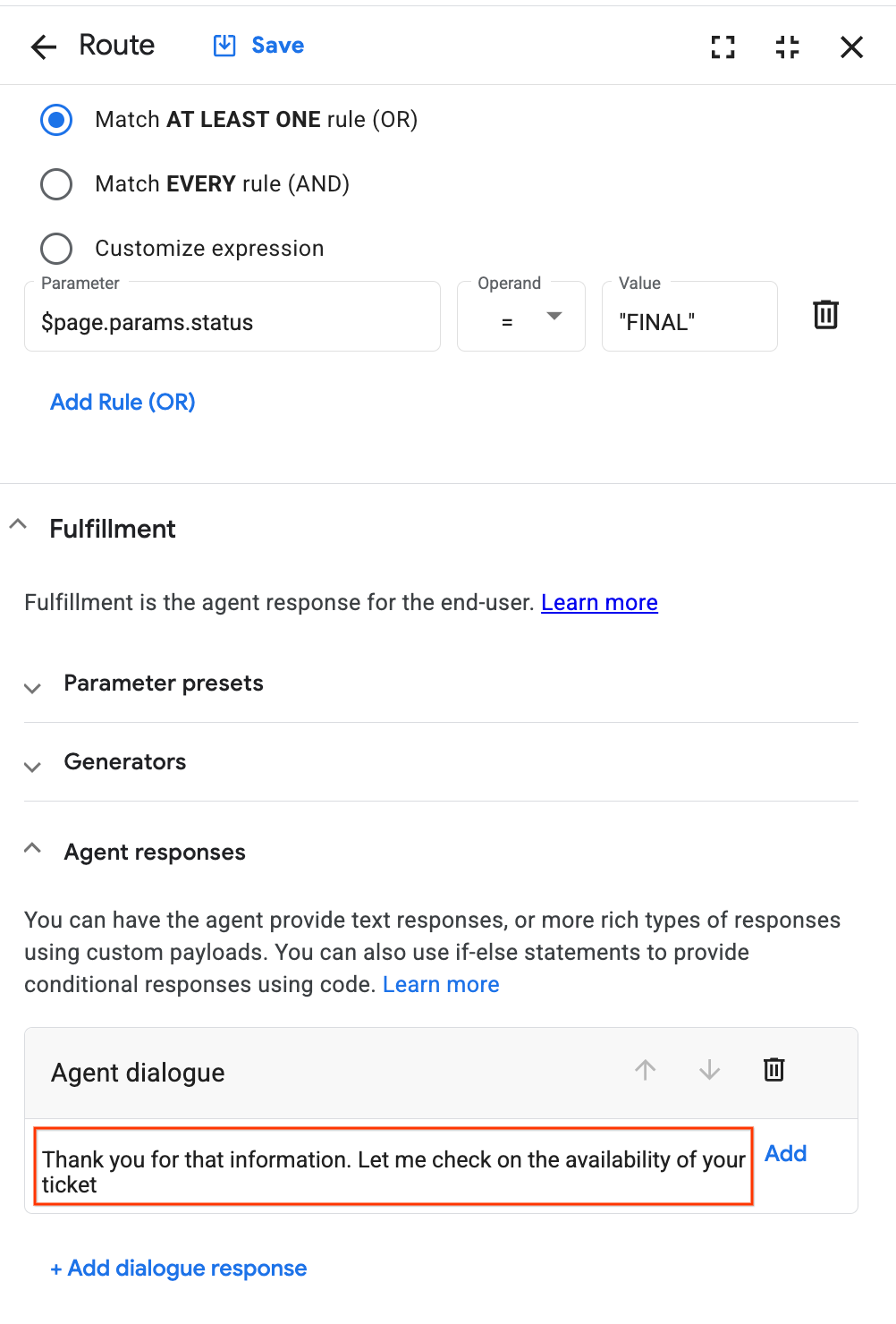 Fulfillment section with highlighted populated Agent dialogue field