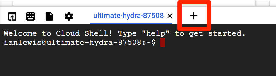 Cloud Shell menu bar highlighting the open a new terminal button