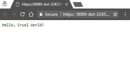 Fenêtre de navigateur avec &quot;Hello, Cruel World!&quot; affiché sur la page