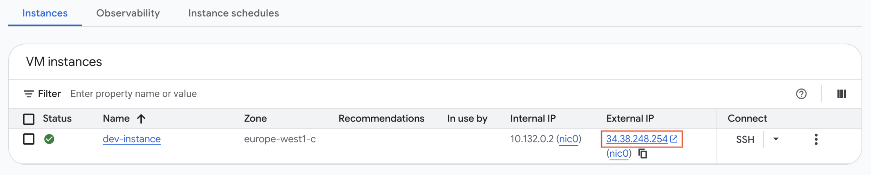 Instances tab with External IP 35.184.33.34 highlighted